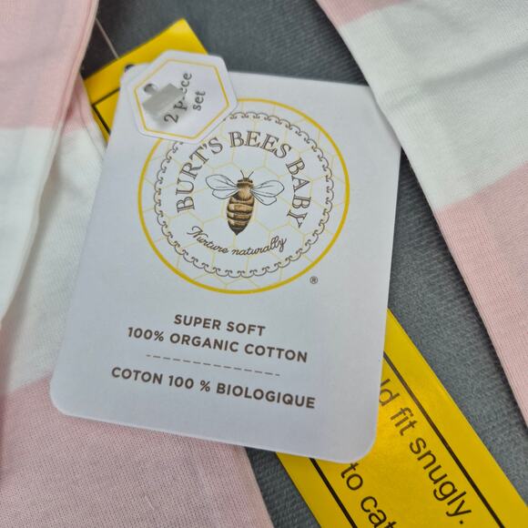 Burt's Bees Rugby Stripe Organic Cotton Snug Fit Pink & White Pajamas Girls 18M - Picture 3 of 6